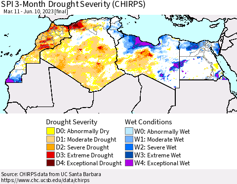 North Africa SPI 3-Month Drought Severity (CHIRPS) Thematic Map For 3/11/2023 - 6/10/2023