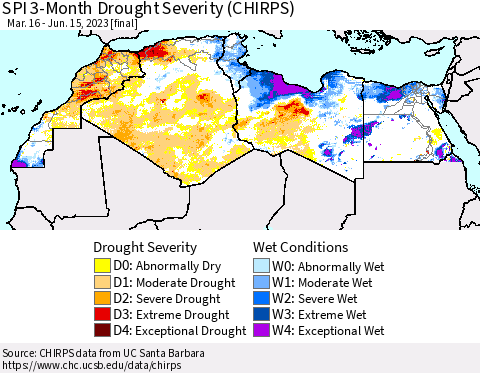 North Africa SPI 3-Month Drought Severity (CHIRPS) Thematic Map For 3/16/2023 - 6/15/2023