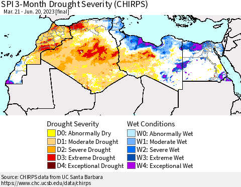 North Africa SPI 3-Month Drought Severity (CHIRPS) Thematic Map For 3/21/2023 - 6/20/2023