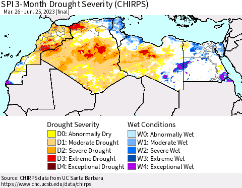 North Africa SPI 3-Month Drought Severity (CHIRPS) Thematic Map For 3/26/2023 - 6/25/2023