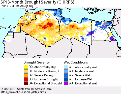 North Africa SPI 3-Month Drought Severity (CHIRPS) Thematic Map For 4/1/2023 - 6/30/2023
