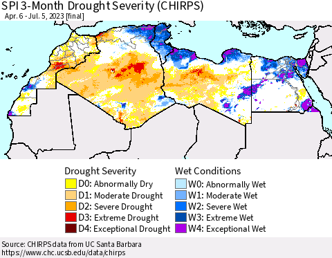 North Africa SPI 3-Month Drought Severity (CHIRPS) Thematic Map For 4/6/2023 - 7/5/2023