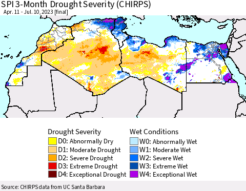 North Africa SPI 3-Month Drought Severity (CHIRPS) Thematic Map For 4/11/2023 - 7/10/2023