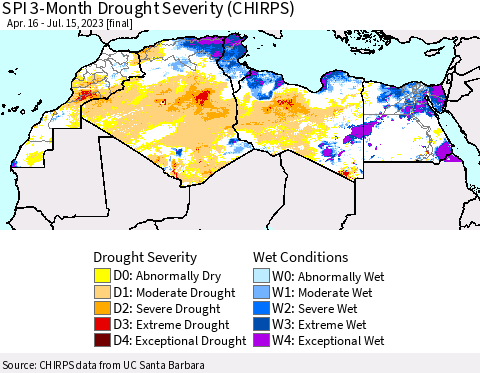 North Africa SPI 3-Month Drought Severity (CHIRPS) Thematic Map For 4/16/2023 - 7/15/2023