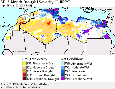North Africa SPI 3-Month Drought Severity (CHIRPS) Thematic Map For 4/21/2023 - 7/20/2023