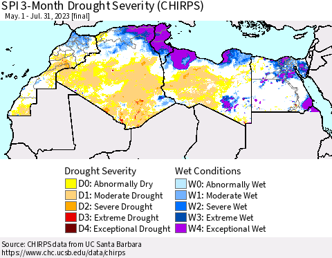 North Africa SPI 3-Month Drought Severity (CHIRPS) Thematic Map For 5/1/2023 - 7/31/2023