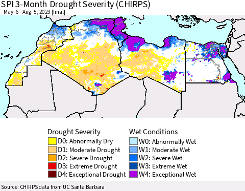 North Africa SPI 3-Month Drought Severity (CHIRPS) Thematic Map For 5/6/2023 - 8/5/2023