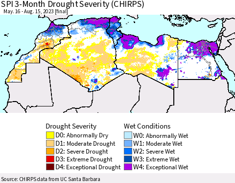 North Africa SPI 3-Month Drought Severity (CHIRPS) Thematic Map For 5/16/2023 - 8/15/2023
