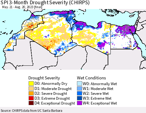 North Africa SPI 3-Month Drought Severity (CHIRPS) Thematic Map For 5/21/2023 - 8/20/2023
