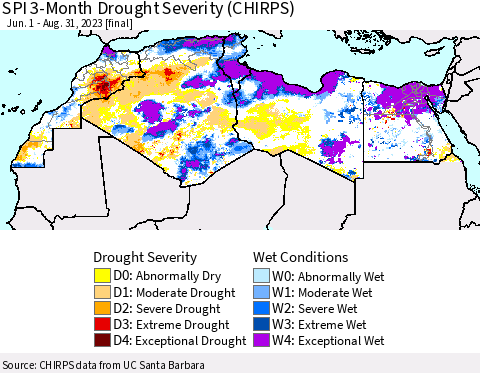 North Africa SPI 3-Month Drought Severity (CHIRPS) Thematic Map For 6/1/2023 - 8/31/2023