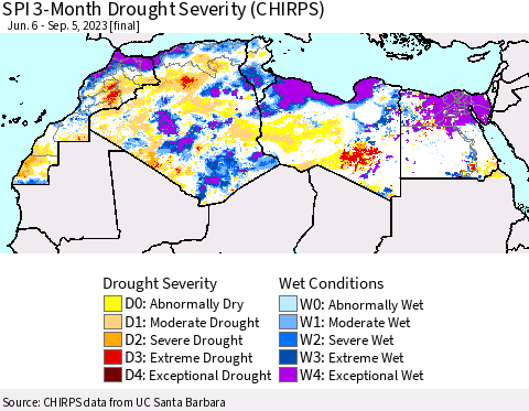 North Africa SPI 3-Month Drought Severity (CHIRPS) Thematic Map For 6/6/2023 - 9/5/2023