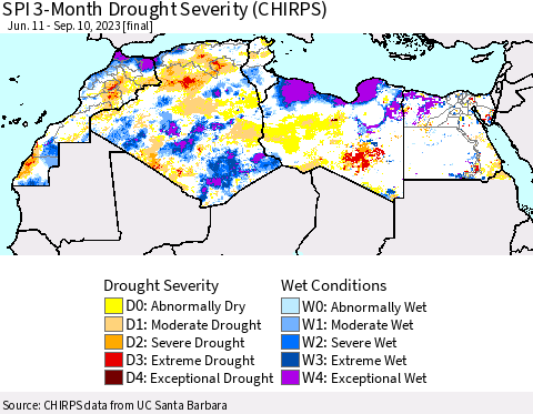 North Africa SPI 3-Month Drought Severity (CHIRPS) Thematic Map For 6/11/2023 - 9/10/2023