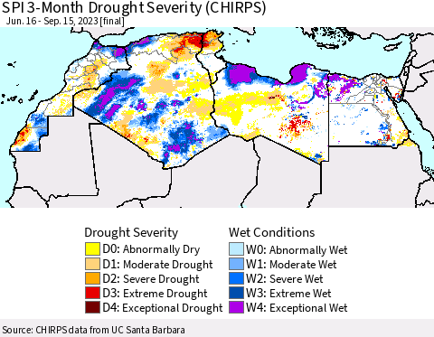 North Africa SPI 3-Month Drought Severity (CHIRPS) Thematic Map For 6/16/2023 - 9/15/2023