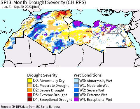 North Africa SPI 3-Month Drought Severity (CHIRPS) Thematic Map For 6/21/2023 - 9/20/2023