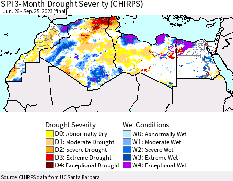 North Africa SPI 3-Month Drought Severity (CHIRPS) Thematic Map For 6/26/2023 - 9/25/2023