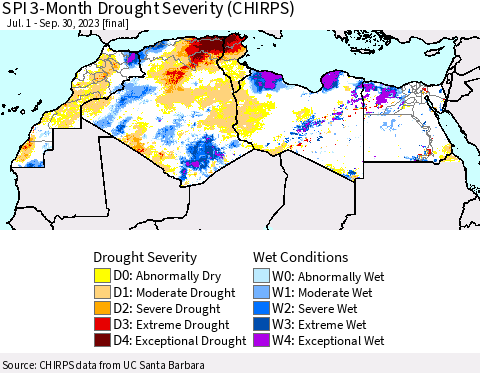 North Africa SPI 3-Month Drought Severity (CHIRPS) Thematic Map For 7/1/2023 - 9/30/2023