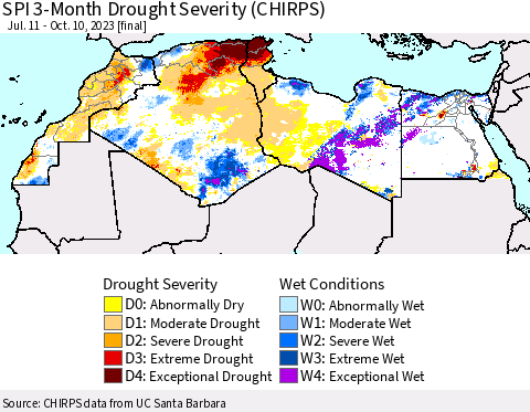 North Africa SPI 3-Month Drought Severity (CHIRPS) Thematic Map For 7/11/2023 - 10/10/2023