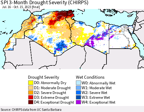 North Africa SPI 3-Month Drought Severity (CHIRPS) Thematic Map For 7/16/2023 - 10/15/2023