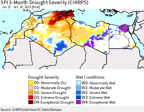 North Africa SPI 3-Month Drought Severity (CHIRPS) Thematic Map For 7/21/2023 - 10/20/2023