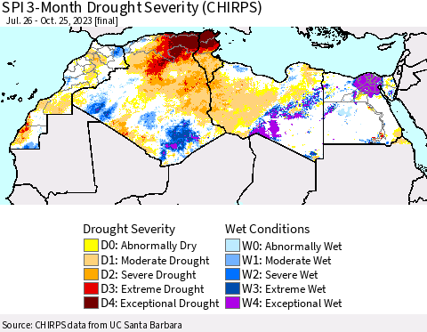 North Africa SPI 3-Month Drought Severity (CHIRPS) Thematic Map For 7/26/2023 - 10/25/2023