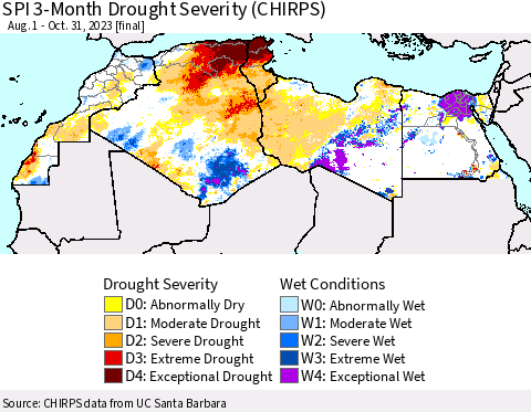 North Africa SPI 3-Month Drought Severity (CHIRPS) Thematic Map For 8/1/2023 - 10/31/2023