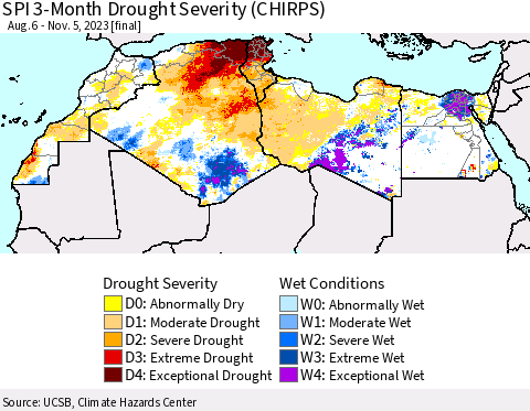 North Africa SPI 3-Month Drought Severity (CHIRPS) Thematic Map For 8/6/2023 - 11/5/2023