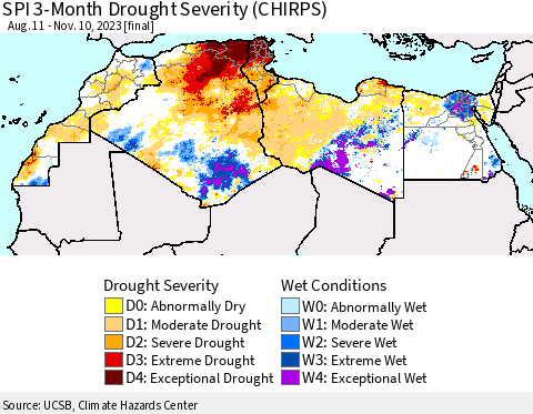 North Africa SPI 3-Month Drought Severity (CHIRPS) Thematic Map For 8/11/2023 - 11/10/2023