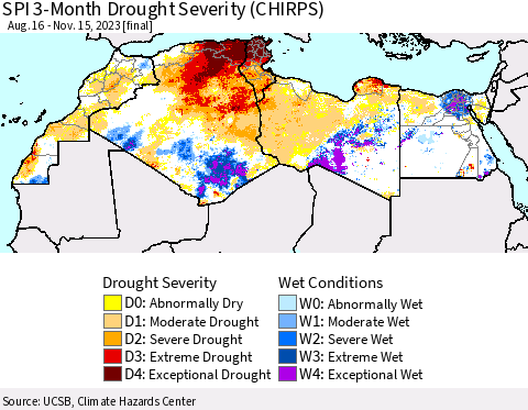 North Africa SPI 3-Month Drought Severity (CHIRPS) Thematic Map For 8/16/2023 - 11/15/2023