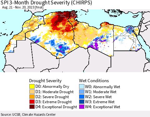North Africa SPI 3-Month Drought Severity (CHIRPS) Thematic Map For 8/21/2023 - 11/20/2023