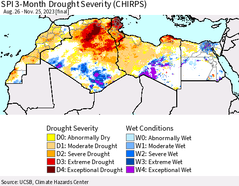 North Africa SPI 3-Month Drought Severity (CHIRPS) Thematic Map For 8/26/2023 - 11/25/2023