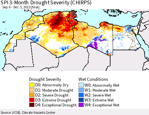 North Africa SPI 3-Month Drought Severity (CHIRPS) Thematic Map For 9/6/2023 - 12/5/2023