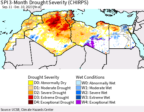 North Africa SPI 3-Month Drought Severity (CHIRPS) Thematic Map For 9/11/2023 - 12/10/2023