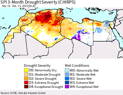 North Africa SPI 3-Month Drought Severity (CHIRPS) Thematic Map For 9/16/2023 - 12/15/2023