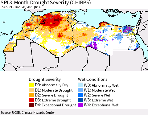 North Africa SPI 3-Month Drought Severity (CHIRPS) Thematic Map For 9/21/2023 - 12/20/2023