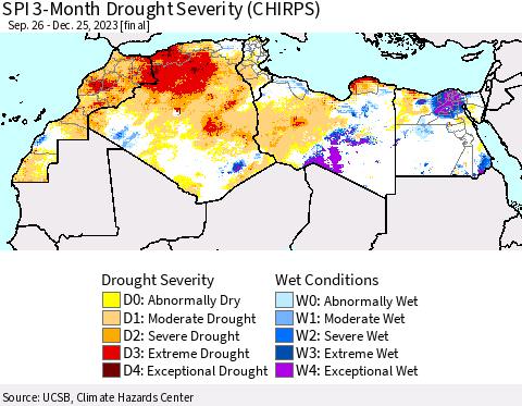 North Africa SPI 3-Month Drought Severity (CHIRPS) Thematic Map For 9/26/2023 - 12/25/2023