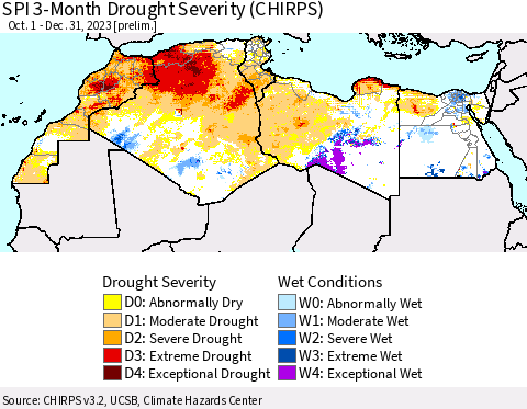 North Africa SPI 3-Month Drought Severity (CHIRPS) Thematic Map For 10/1/2023 - 12/31/2023