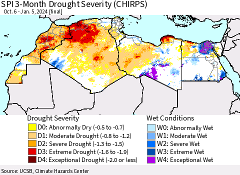 North Africa SPI 3-Month Drought Severity (CHIRPS) Thematic Map For 10/6/2023 - 1/5/2024