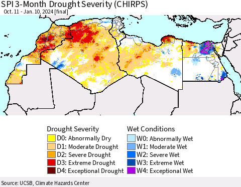 North Africa SPI 3-Month Drought Severity (CHIRPS) Thematic Map For 10/11/2023 - 1/10/2024