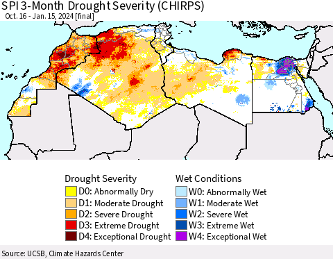 North Africa SPI 3-Month Drought Severity (CHIRPS) Thematic Map For 10/16/2023 - 1/15/2024