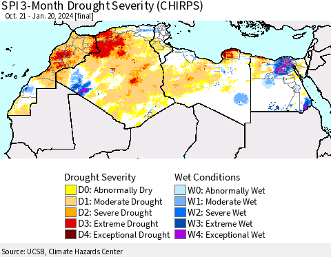 North Africa SPI 3-Month Drought Severity (CHIRPS) Thematic Map For 10/21/2023 - 1/20/2024
