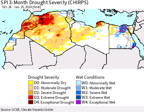 North Africa SPI 3-Month Drought Severity (CHIRPS) Thematic Map For 10/26/2023 - 1/25/2024