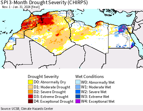 North Africa SPI 3-Month Drought Severity (CHIRPS) Thematic Map For 11/1/2023 - 1/31/2024