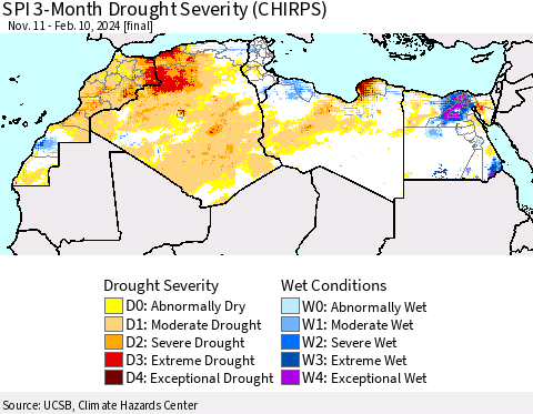North Africa SPI 3-Month Drought Severity (CHIRPS) Thematic Map For 11/11/2023 - 2/10/2024