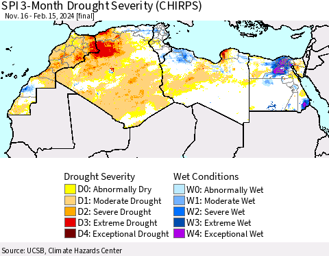North Africa SPI 3-Month Drought Severity (CHIRPS) Thematic Map For 11/16/2023 - 2/15/2024