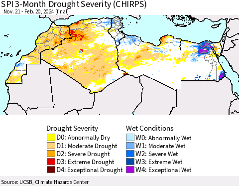 North Africa SPI 3-Month Drought Severity (CHIRPS) Thematic Map For 11/21/2023 - 2/20/2024