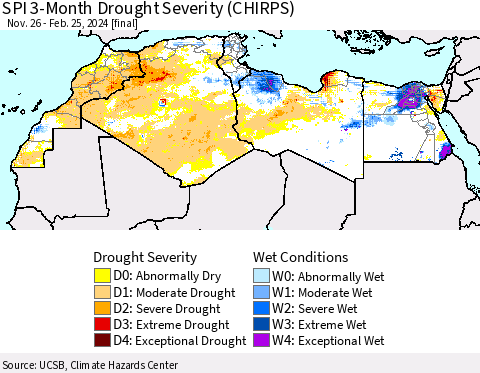 North Africa SPI 3-Month Drought Severity (CHIRPS) Thematic Map For 11/26/2023 - 2/25/2024