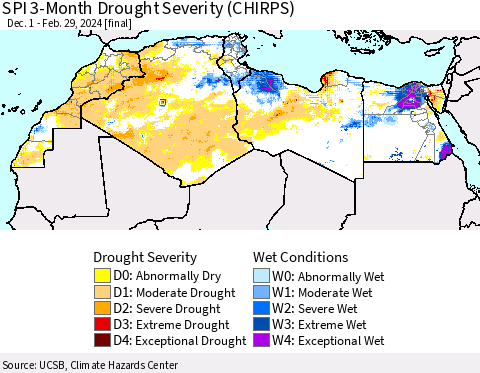 North Africa SPI 3-Month Drought Severity (CHIRPS) Thematic Map For 12/1/2023 - 2/29/2024