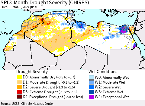 North Africa SPI 3-Month Drought Severity (CHIRPS) Thematic Map For 12/6/2023 - 3/5/2024