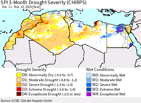North Africa SPI 3-Month Drought Severity (CHIRPS) Thematic Map For 12/11/2023 - 3/10/2024