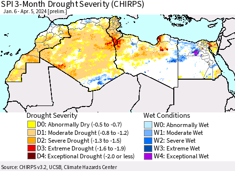 North Africa SPI 3-Month Drought Severity (CHIRPS) Thematic Map For 1/6/2024 - 4/5/2024